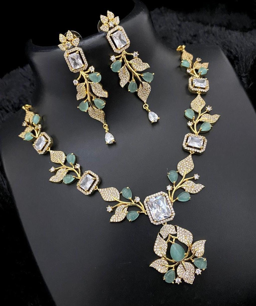 Unique Jewelry-Gold Plated American diamond flower & Leaf design necklace | Crystal necklace with Pear cut CZ Blue stones | Gift for Her