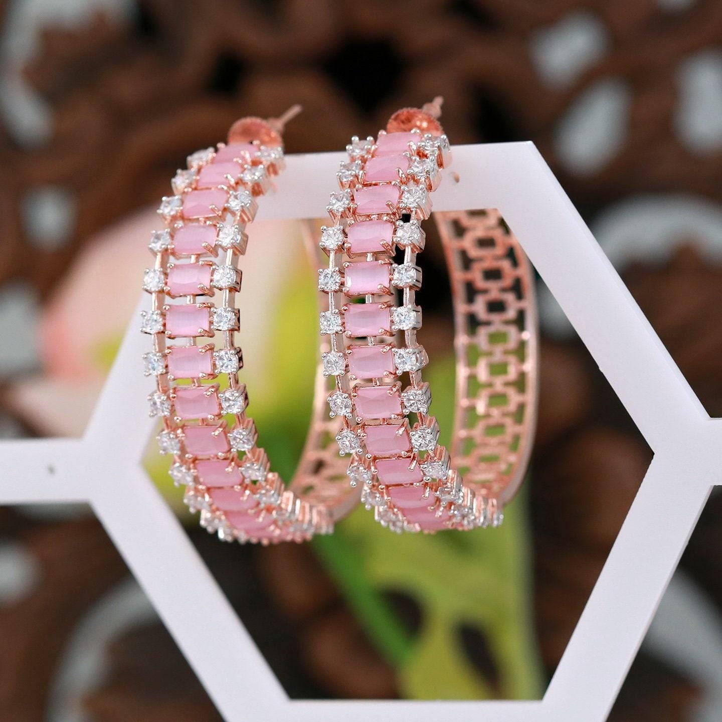 Rose Gold Large hoop earrings| Big hoop earrings with CZ diamonds| Mint Green CZ Crystal Hoop Earrings| Trendy Fashion large Hoop Earrings