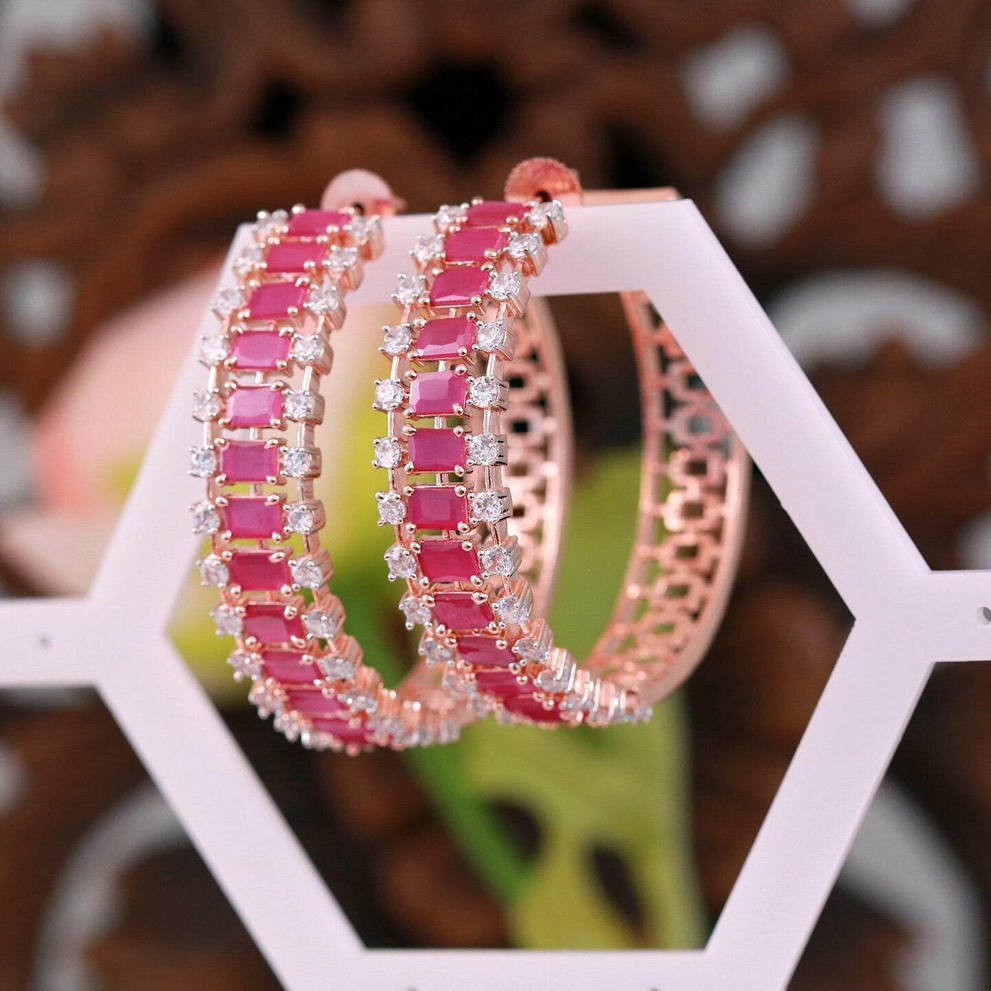 Rose Gold Large hoop earrings| Big hoop earrings with CZ diamonds| Mint Green CZ Crystal Hoop Earrings| Trendy Fashion large Hoop Earrings