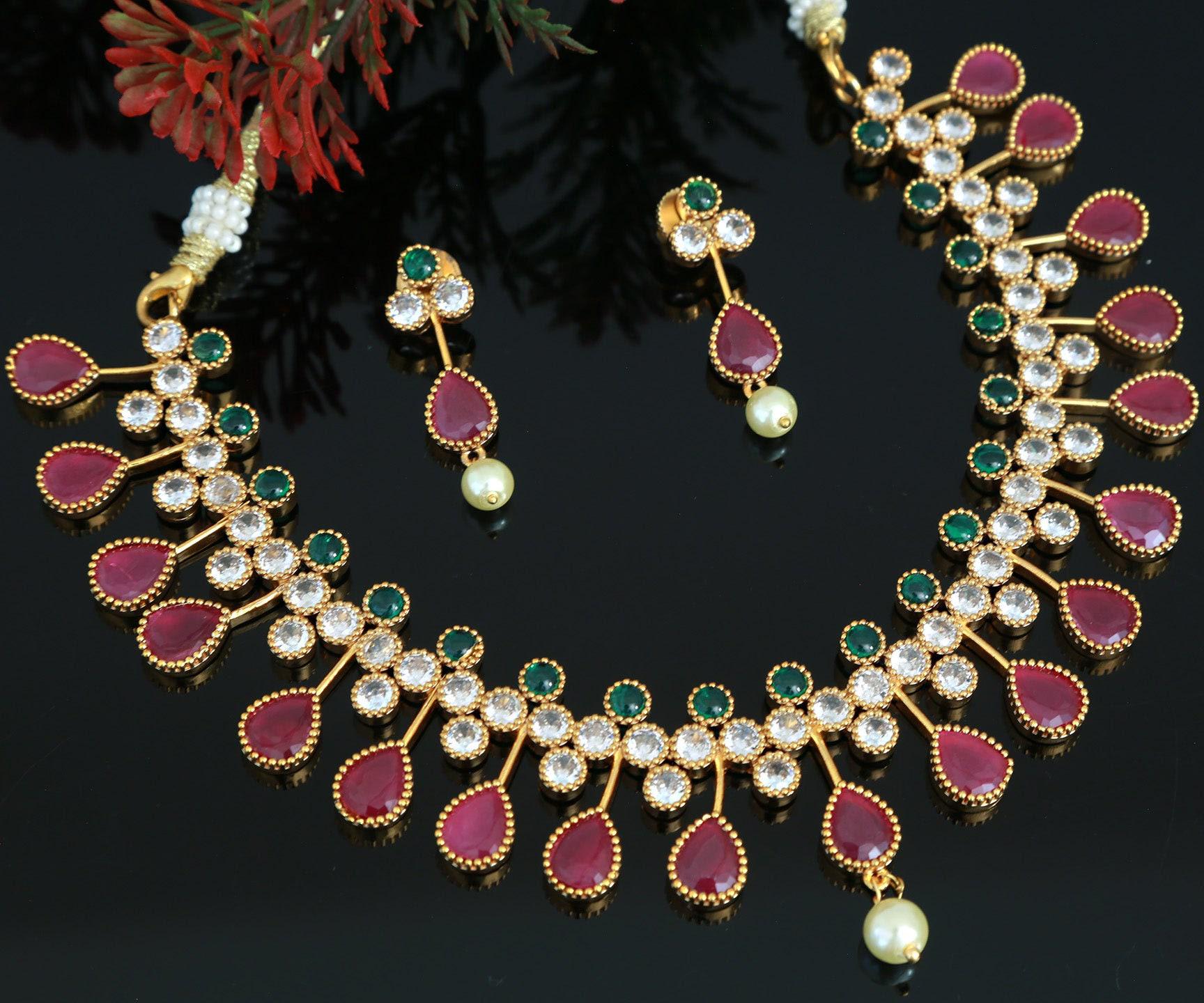 Gold Plated American Diamond Ruby Emerald Necklace | Indian Wedding Jewelry | CZ diamond necklace | Gift for her