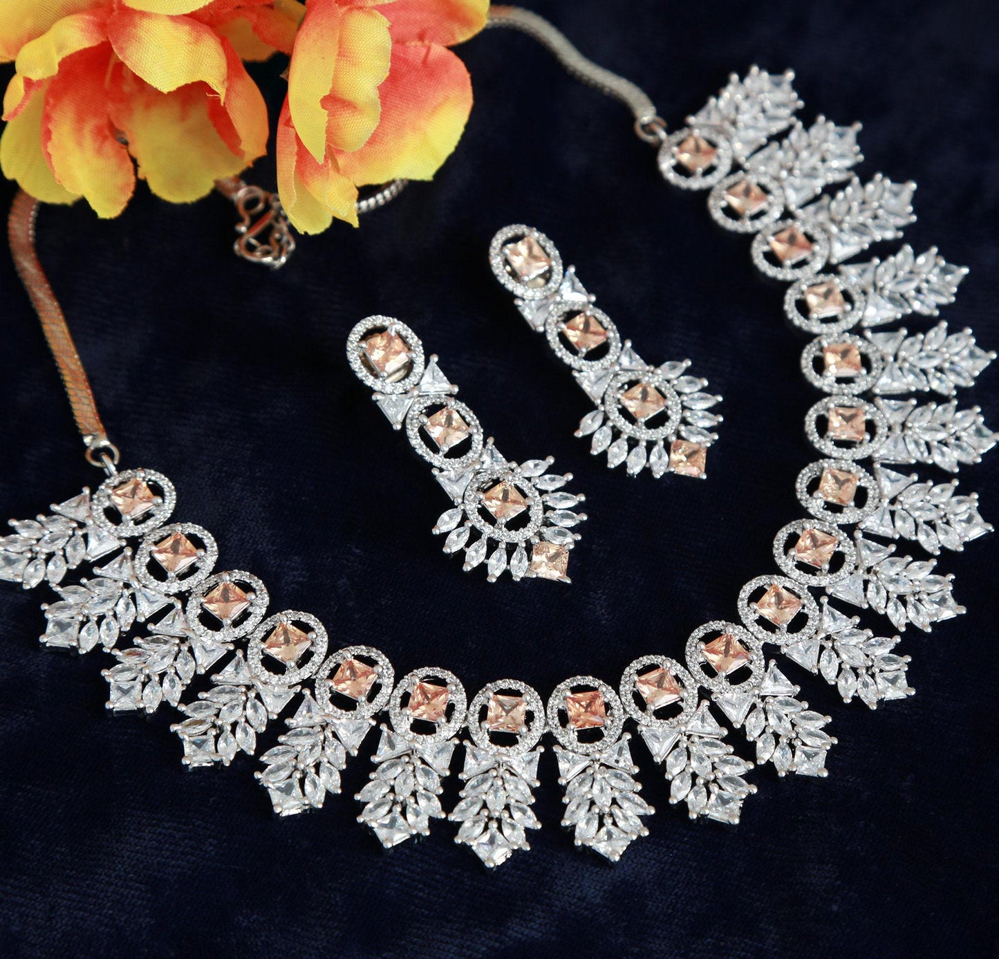 American Diamond Silver Plated Ruby and Crystal Necklace Set Bridal Statement Jewelry| Wedding choker necklace with Earrings| Gift For her