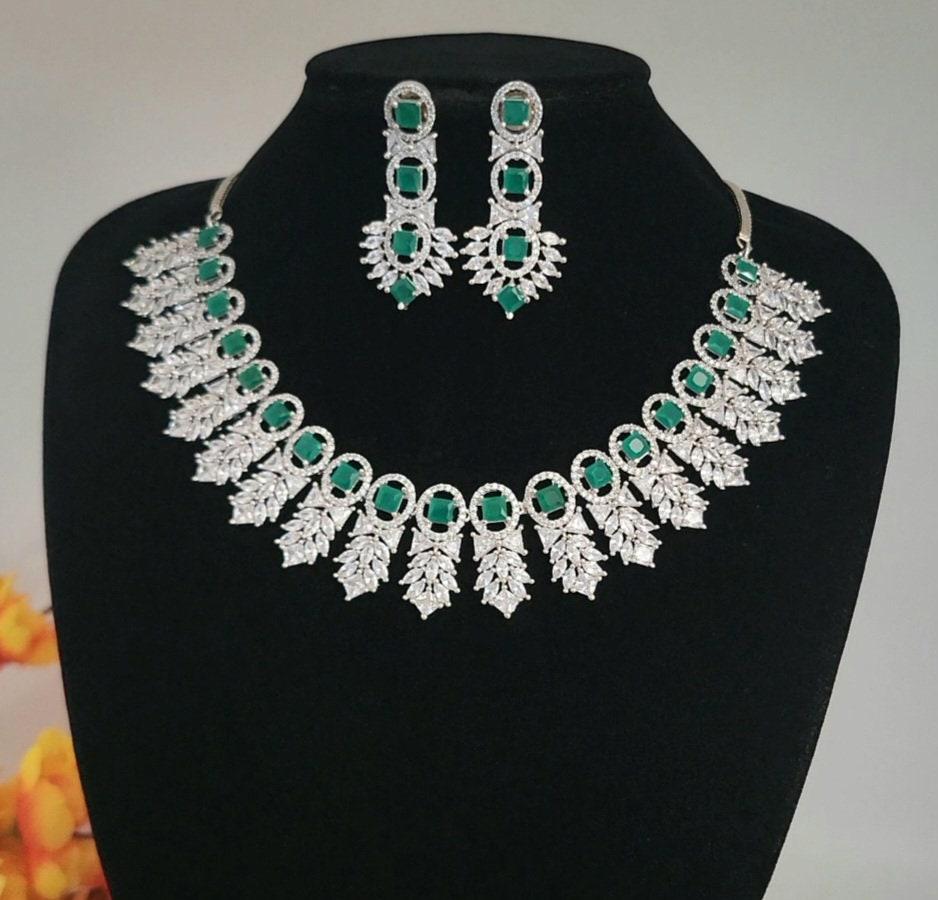 American Diamond Silver Plated Ruby and Crystal Necklace Set Bridal Statement Jewelry| Wedding choker necklace with Earrings| Gift For her