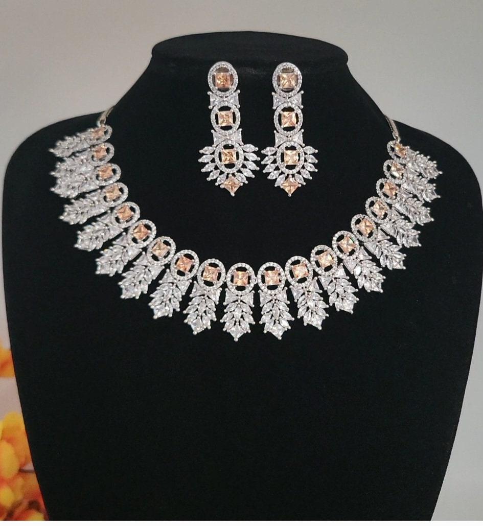 American Diamond Silver Plated Ruby and Crystal Necklace Set Bridal Statement Jewelry| Wedding choker necklace with Earrings| Gift For her