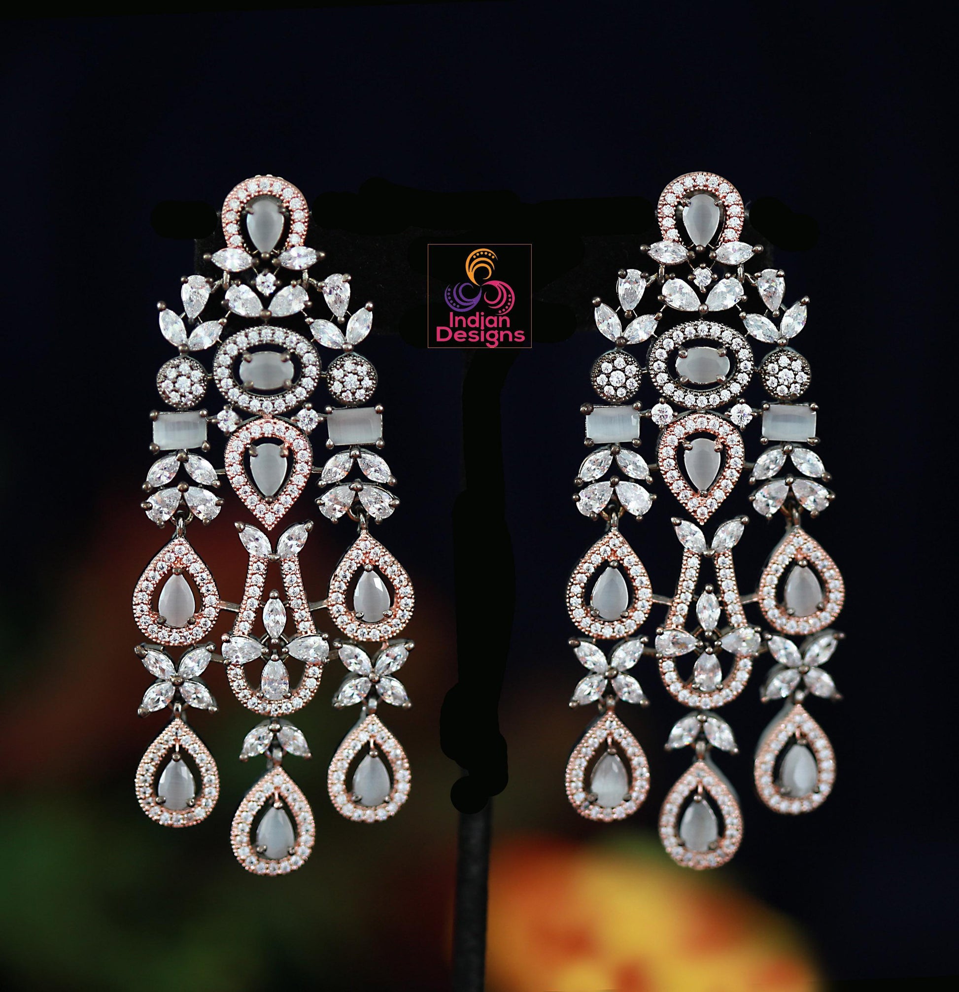 Rose gold & black tone chandelier earrings| long drop american diamond earrings| indian party wear dangle earrings| grey stone earrings