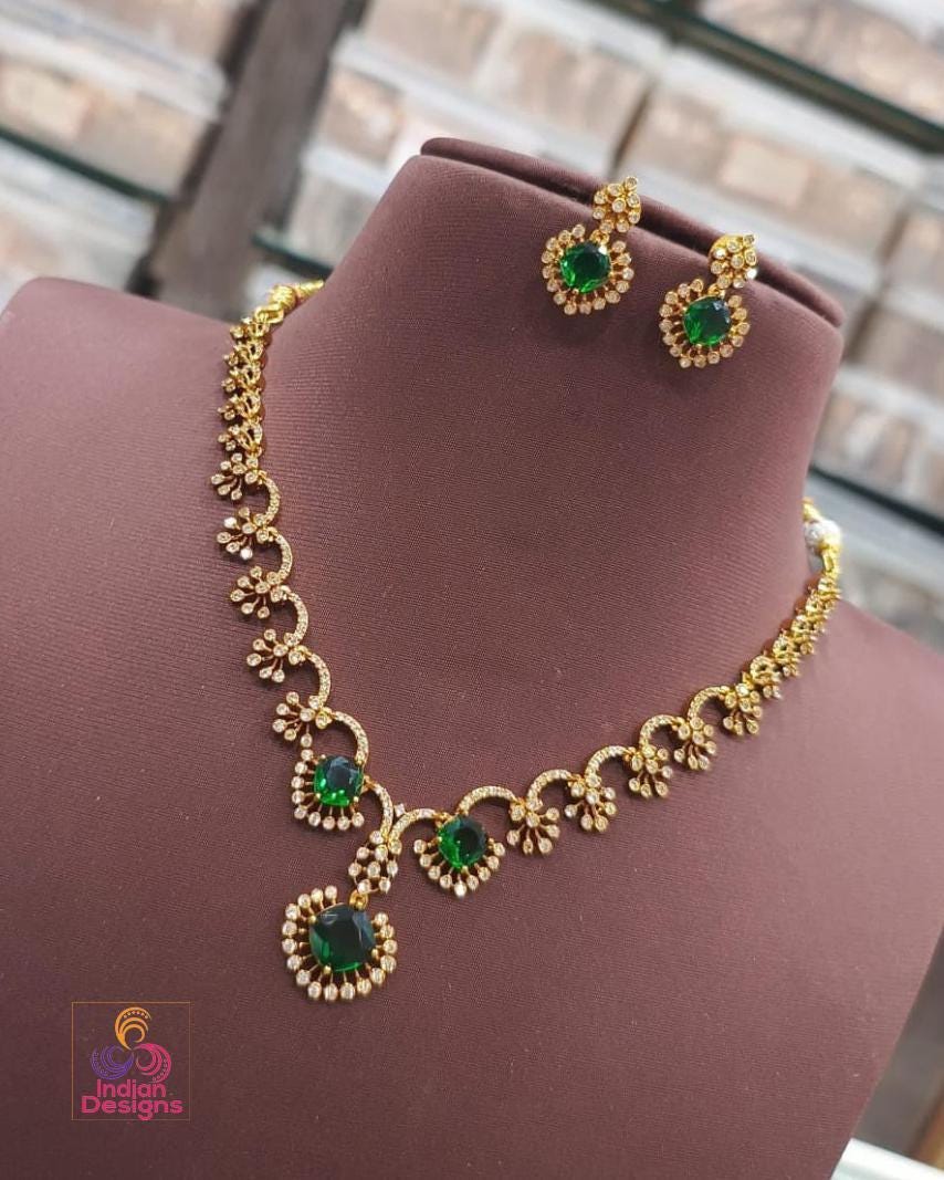 Floral american diamond necklace set| gold plated wedding & party jewelry| available in pink, mint green, green stone| party wear necklace