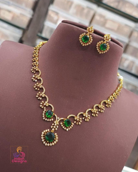 Floral american diamond necklace set| gold plated wedding & party jewelry| available in pink, mint green, green stone| party wear necklace