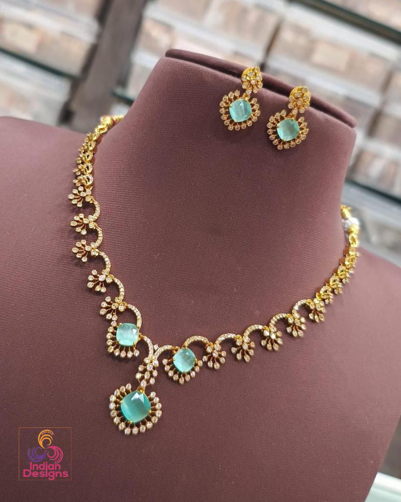 Floral american diamond necklace set| gold plated wedding & party jewelry| available in pink, mint green, green stone| party wear necklace