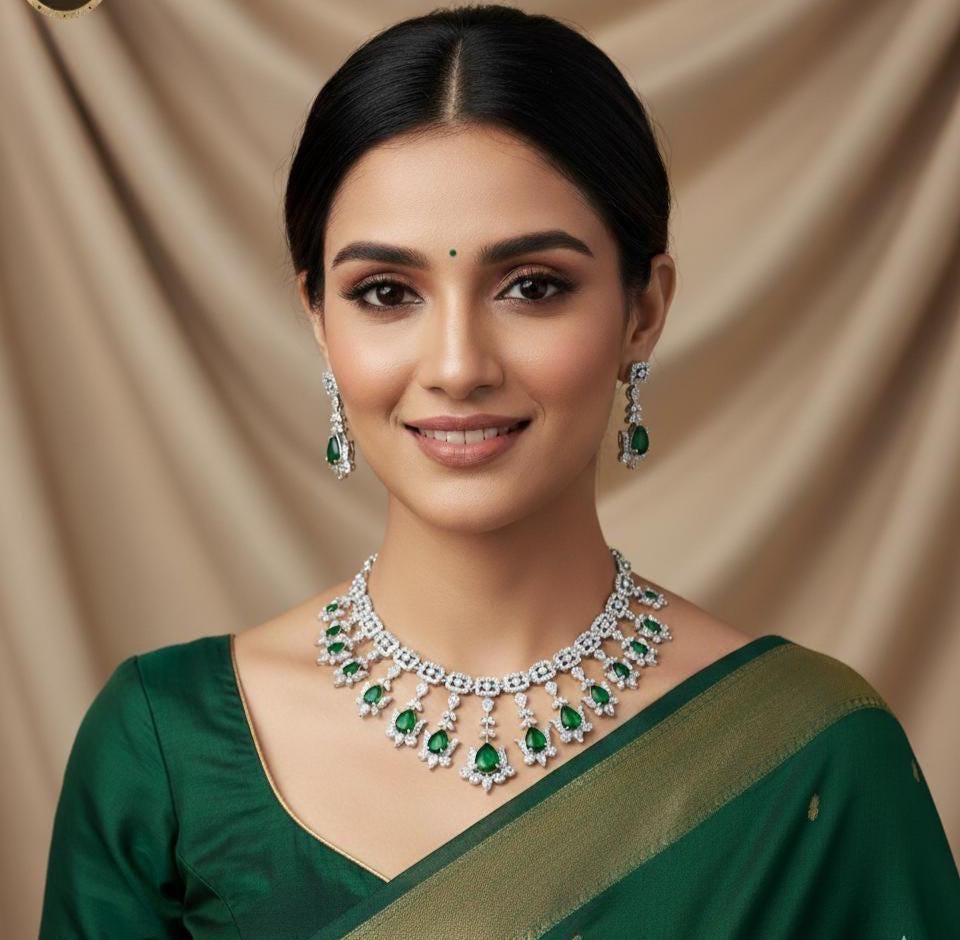 American diamond necklace set &earrings| teardrop ad stone silver necklace| green / pink / ruby / white bridal wedding jewelry| gift for her