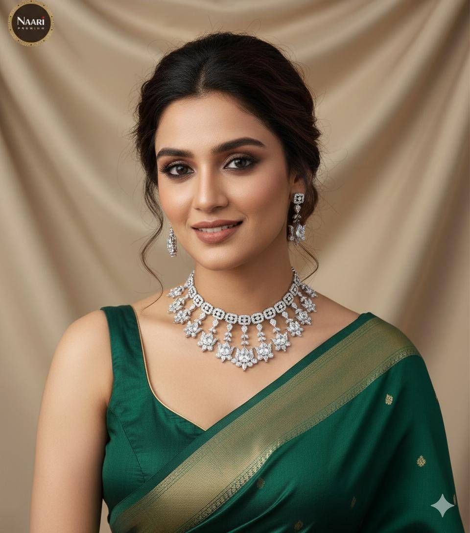 American diamond necklace set &earrings| teardrop ad stone silver necklace| green / pink / ruby / white bridal wedding jewelry| gift for her