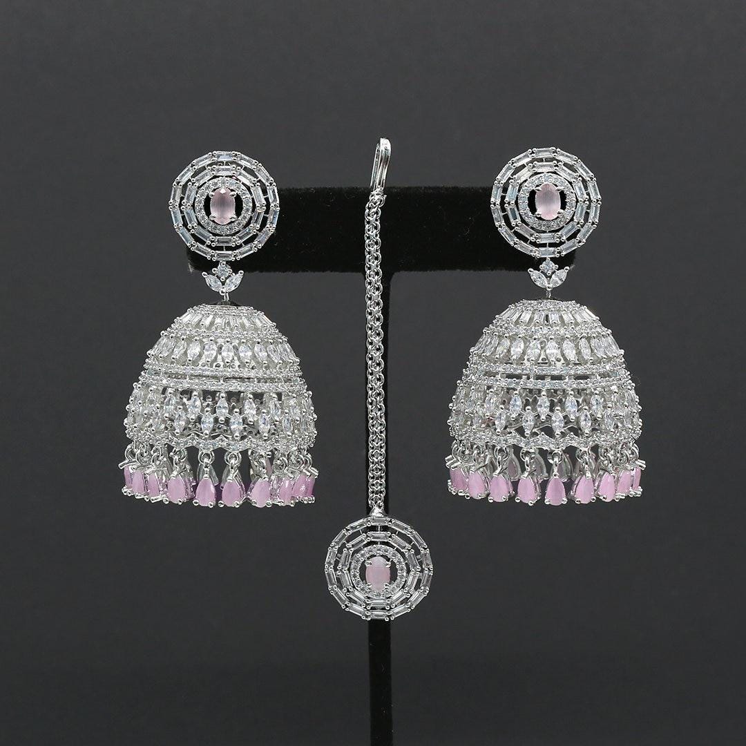 Large silver Jhumki Tikka set with American Diamond Indian Jhumka Jhumki | Bridal Maang tikka earring set | Indian wedding Jewelry online
