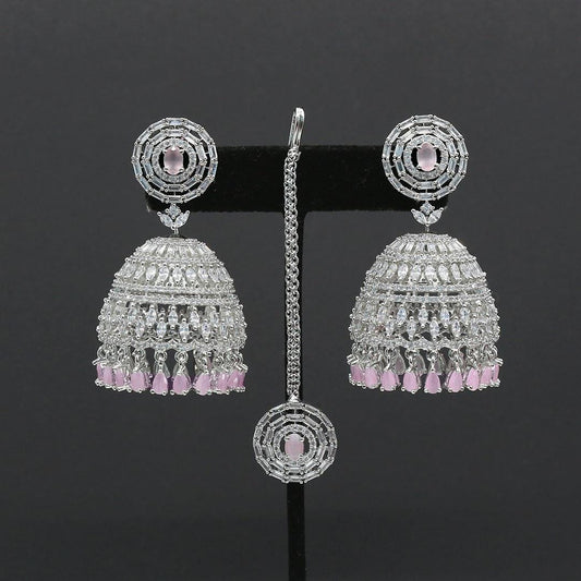 Large silver Jhumki Tikka set with American Diamond Indian Jhumka Jhumki | Bridal Maang tikka earring set | Indian wedding Jewelry online