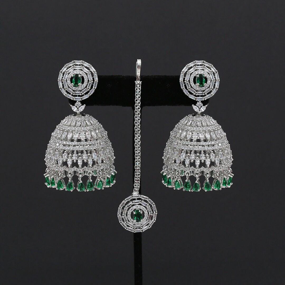 Large silver Jhumki Tikka set with American Diamond Indian Jhumka Jhumki | Bridal Maang tikka earring set | Indian wedding Jewelry online