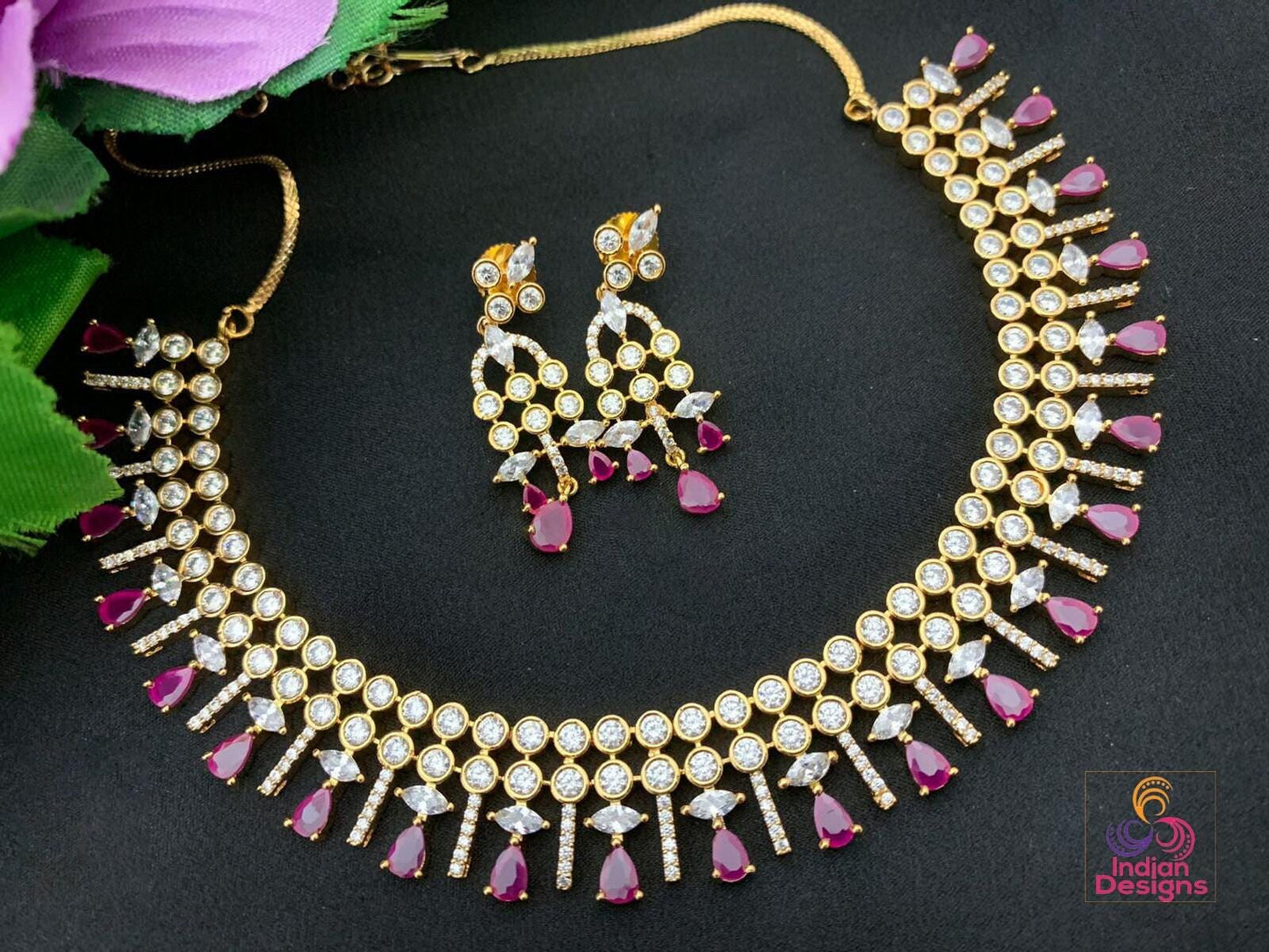 Gold-plated Pink American diamond necklace jewelry | Rose quartz crystal necklace | statement necklace and earring set | Indian Designs