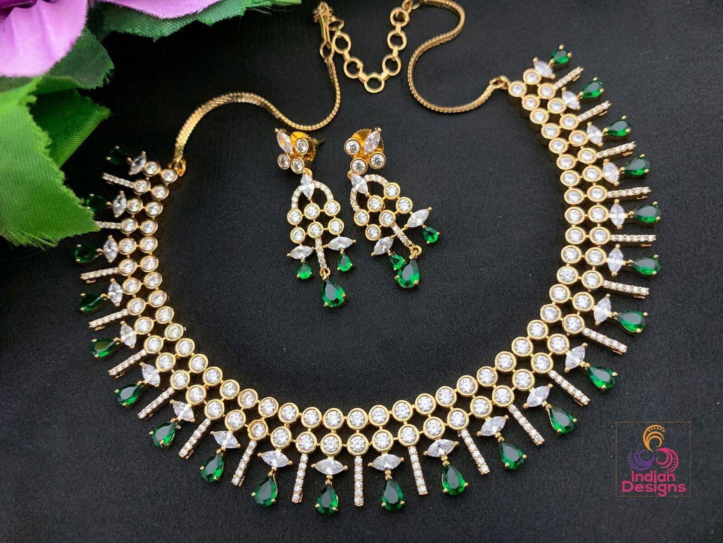 Gold-plated Pink American diamond necklace jewelry | Rose quartz crystal necklace | statement necklace and earring set | Indian Designs