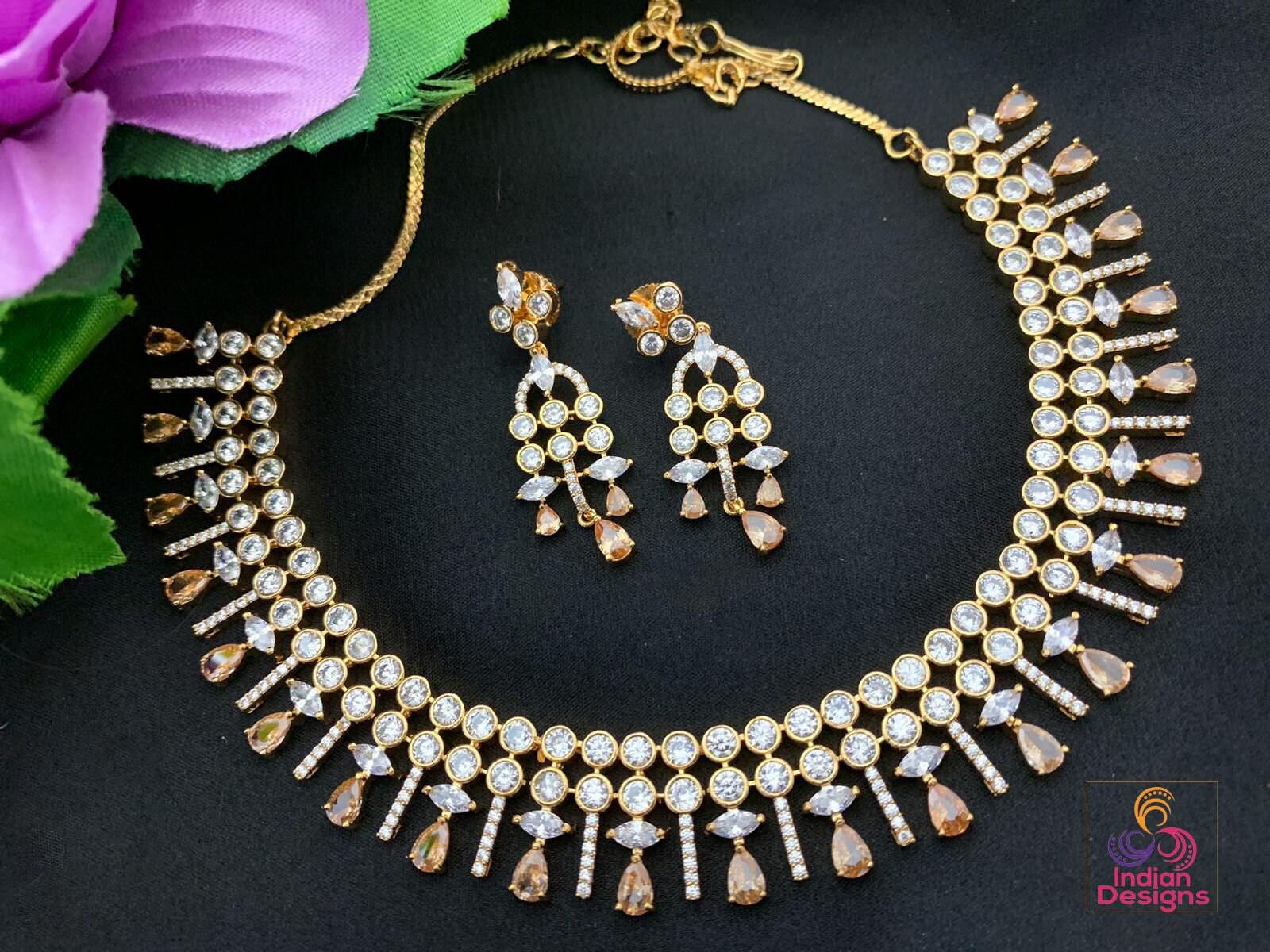 Gold-plated Pink American diamond necklace jewelry | Rose quartz crystal necklace | statement necklace and earring set | Indian Designs