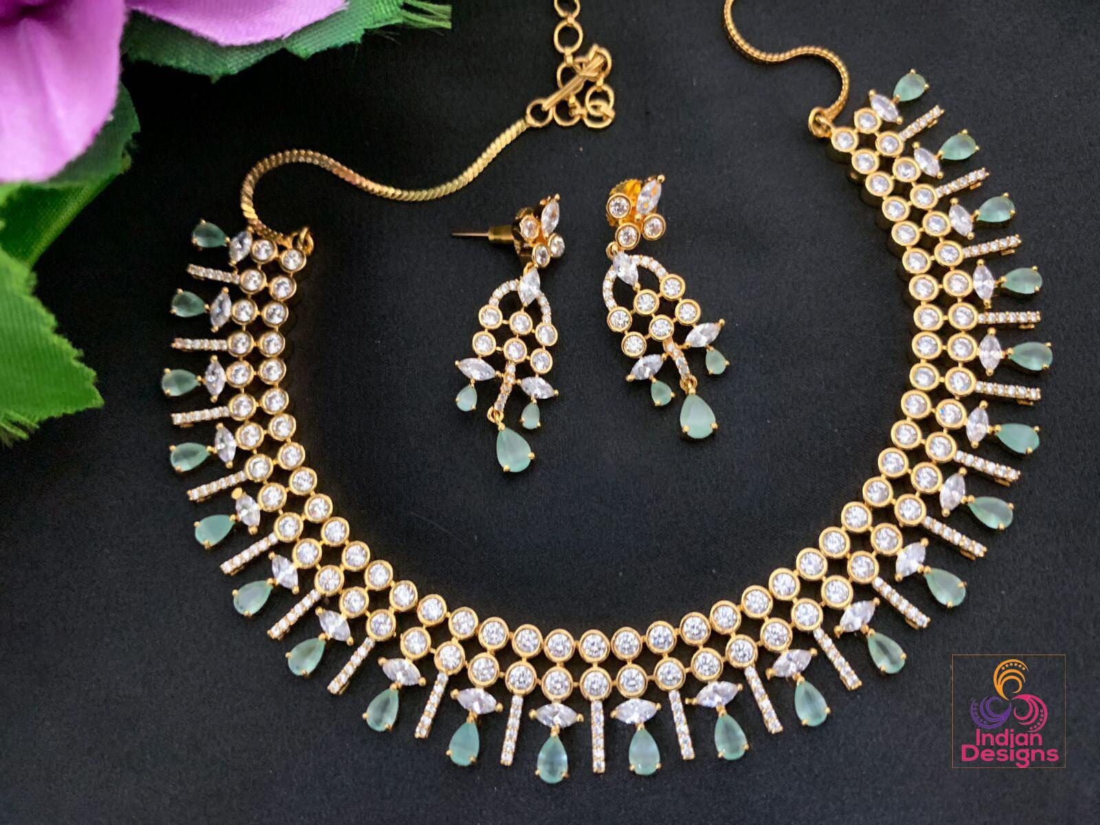 Gold-plated Pink American diamond necklace jewelry | Rose quartz crystal necklace | statement necklace and earring set | Indian Designs