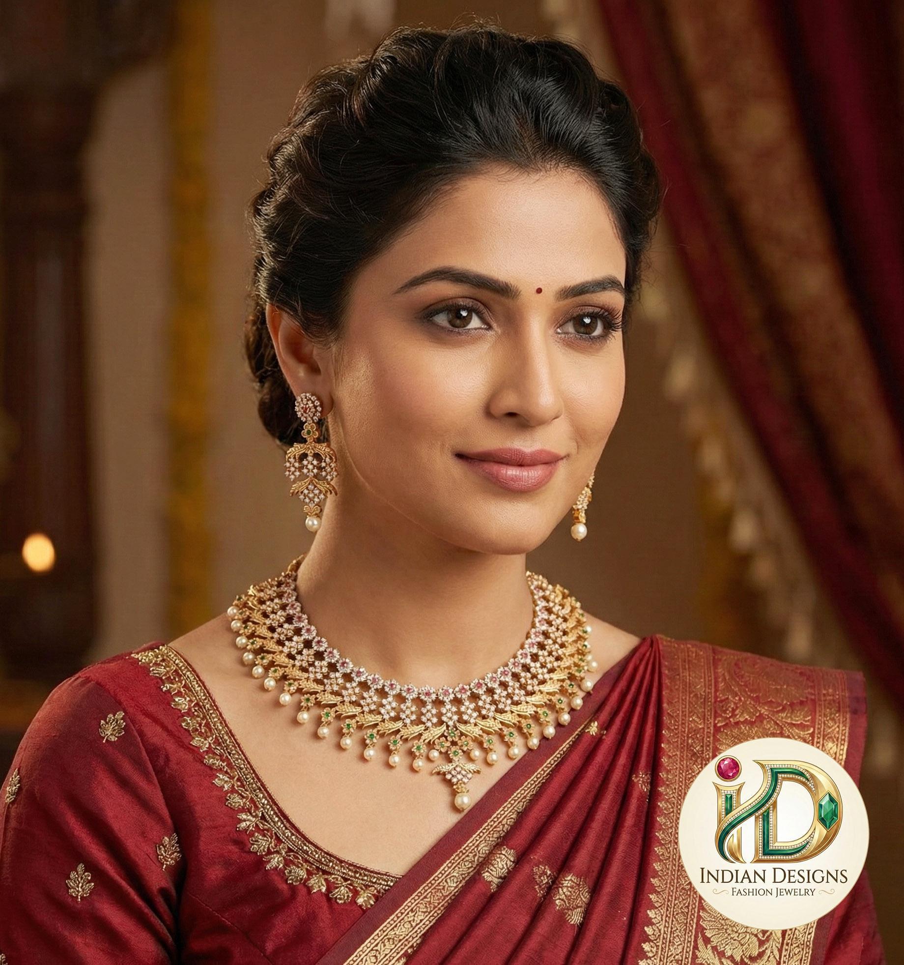 Matte Finish South Indian Choker necklace Floral design with American Diamond, Ruby and emerald stones