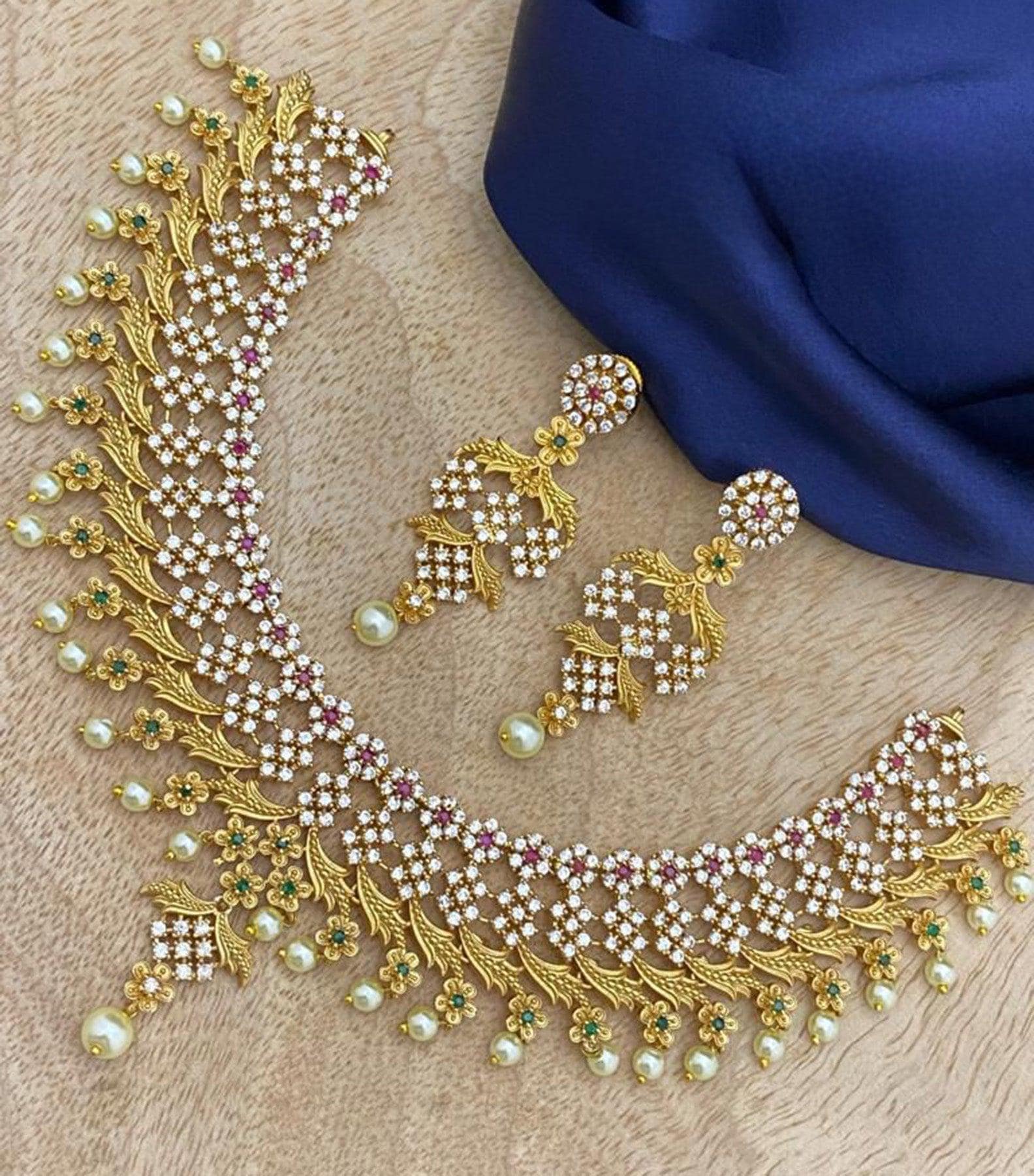 Matte Finish South Indian Choker necklace Floral design with American Diamond, Ruby and emerald stones - South Indian Matte Finish Choker
