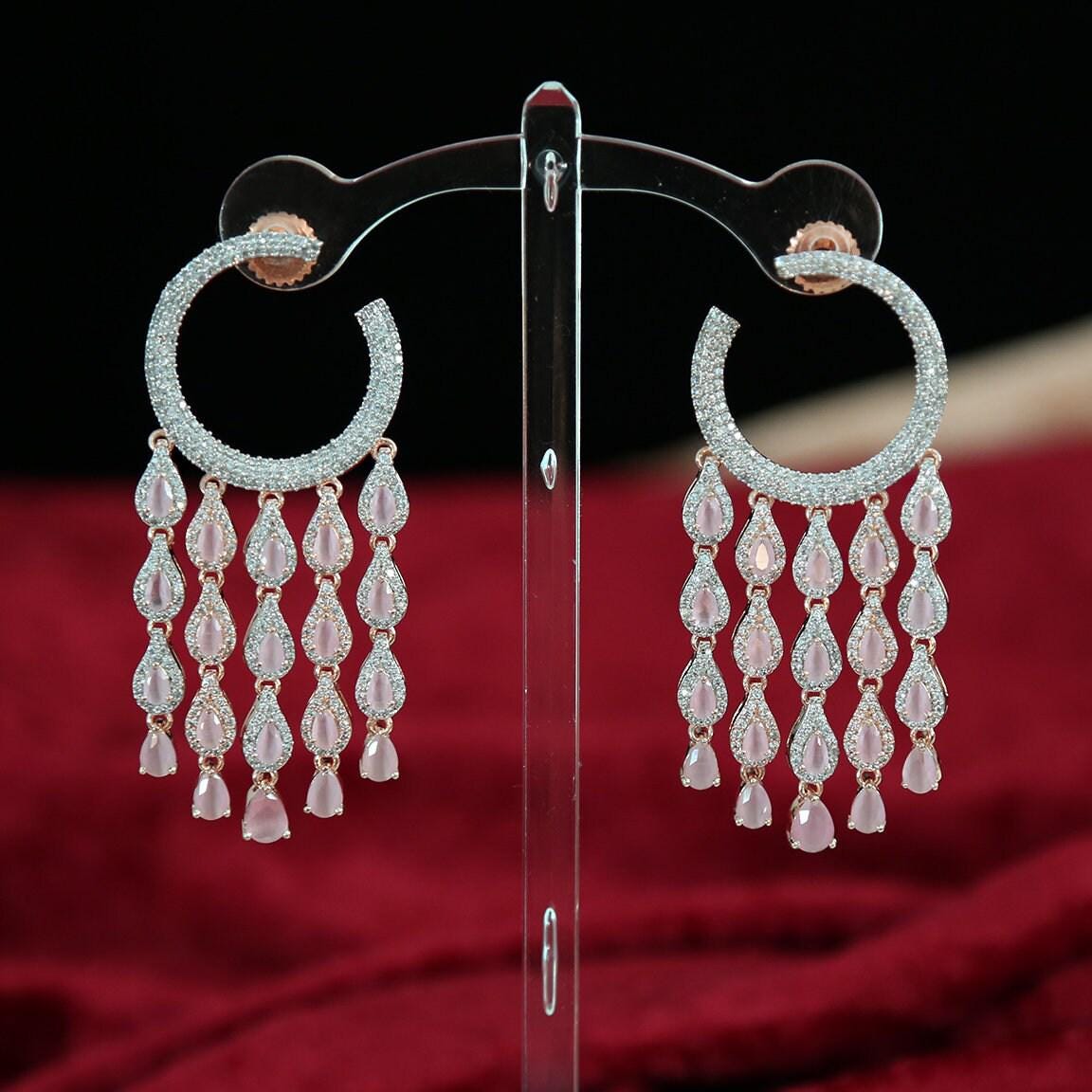 Earrings for women| chandelier earrings diamond in Rose Gold Finish | multi strand dangle earrings | indian wedding earrings online shopping