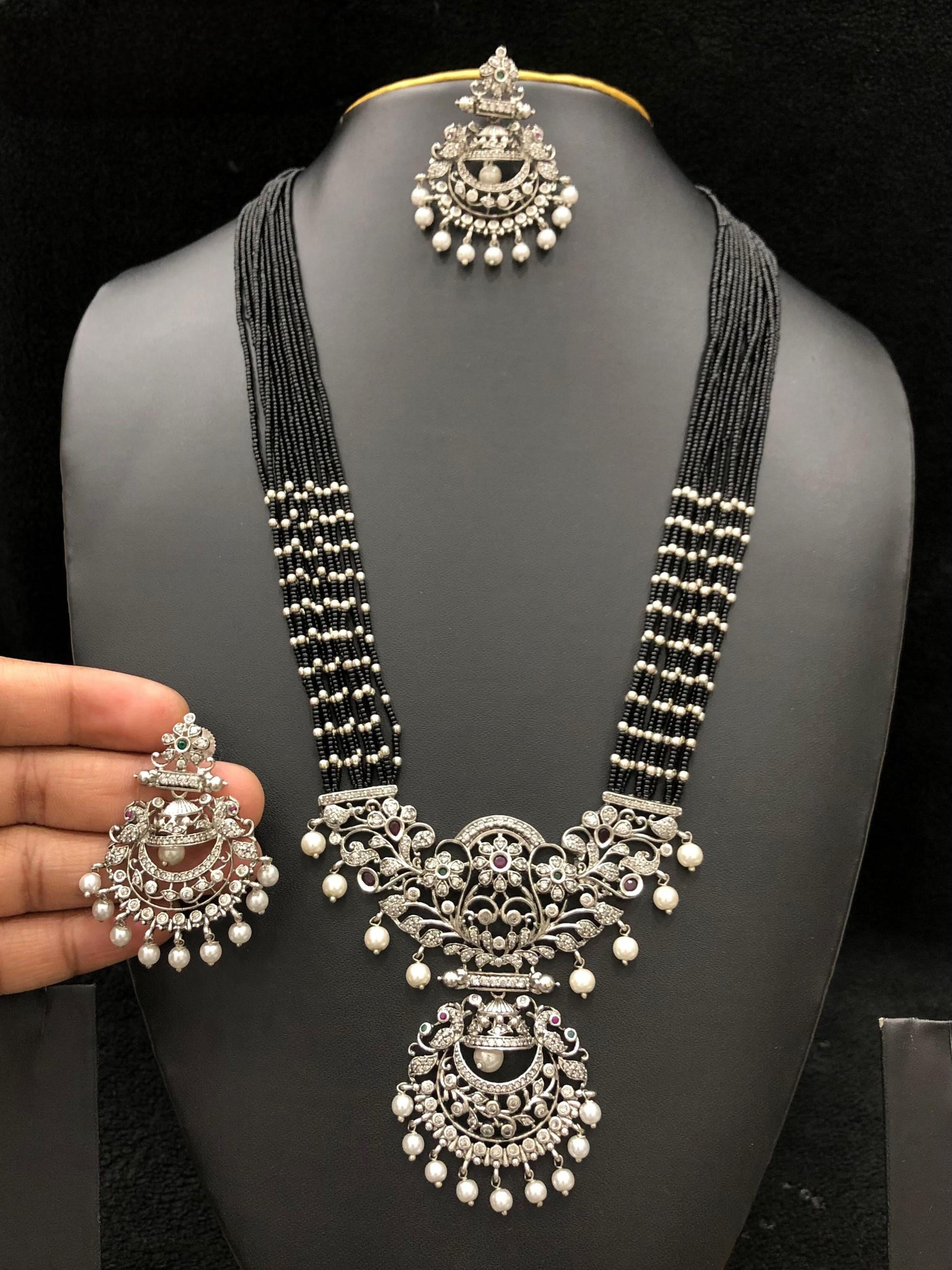 Multi-Strand Silver Pendant Necklace Set with Matching Earrings - Available in Green, Red, and Black Beads| Statement silver necklace