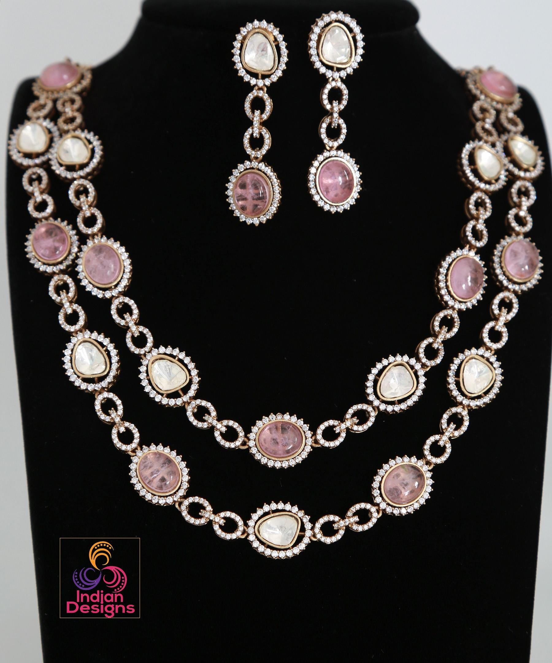 Doublet stone moissanite polki necklace & earring set| victorian gold emerald and pink kundan sabyasachi statement necklace set|gift for her