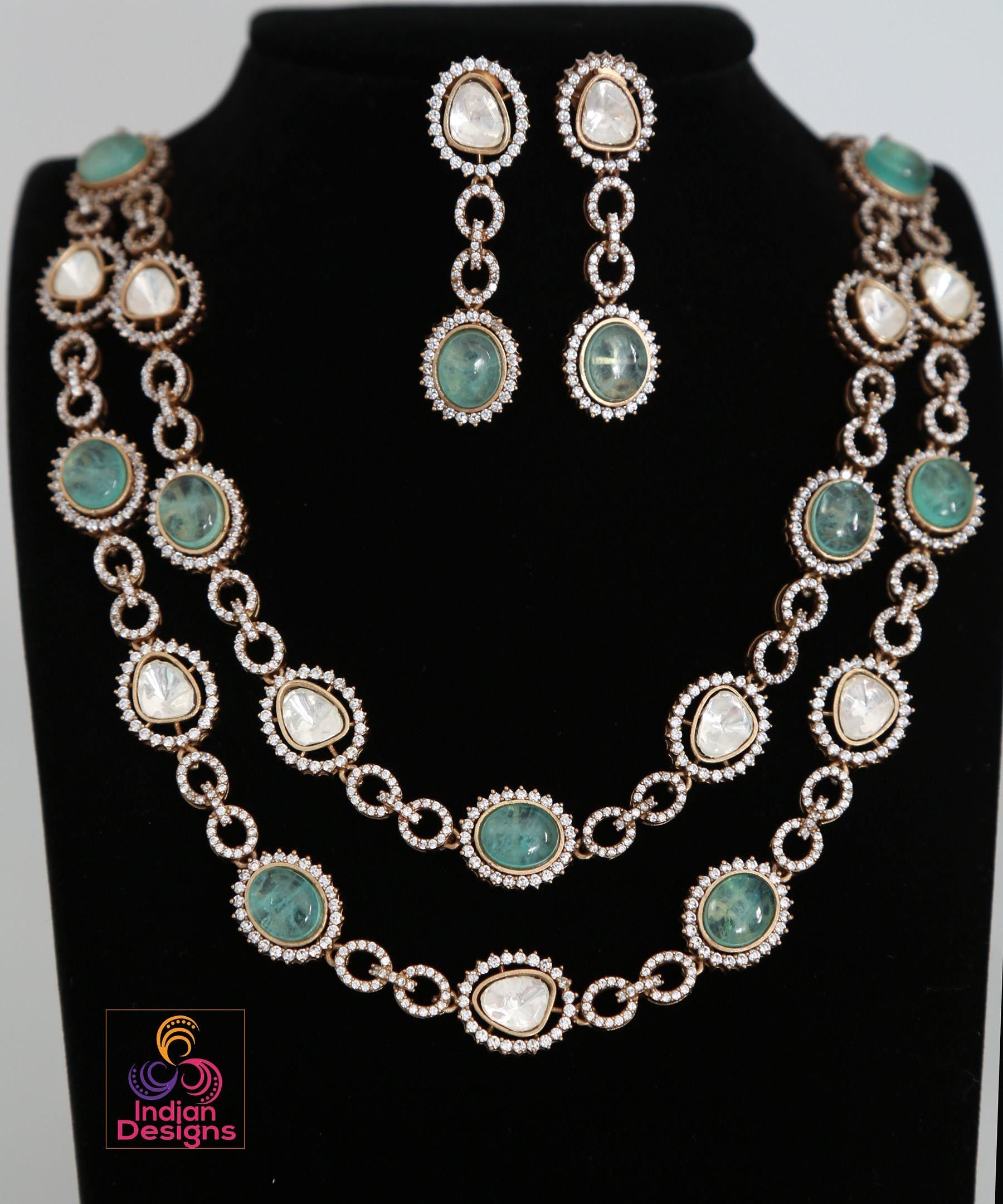 Doublet stone moissanite polki necklace & earring set| victorian gold emerald and pink kundan sabyasachi statement necklace set|gift for her