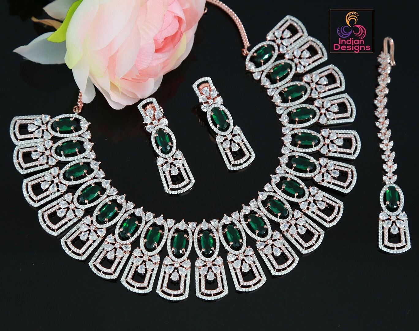 Rose Gold American Diamond Necklace Jewelry | Earring Mang Tikka set | in Pink-Mint Green Oval stones studded with real teardrop crystals