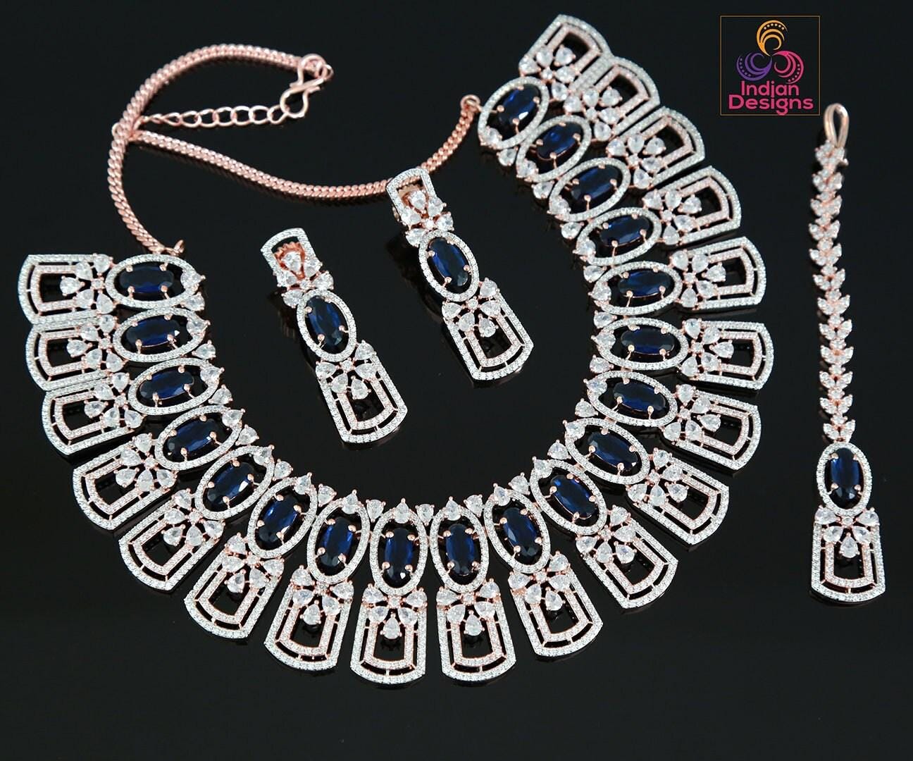 Rose Gold American Diamond Necklace Jewelry | Earring Mang Tikka set | in Pink-Mint Green Oval stones studded with real teardrop crystals