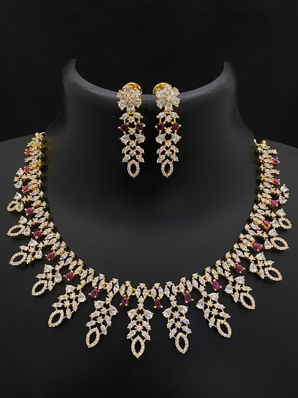 Gold Plated American Diamond Dainty Necklace and Earrings| Emerald Ruby CZ Diamond choker| Indian jewelry| Statement Necklace| Gift for her