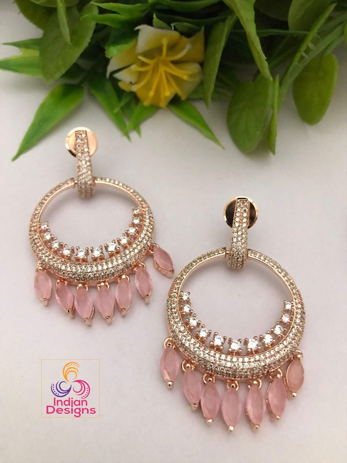 Chandbali earrings designs in gold polish with low price | Rose Gold CZ Chandbali | Indian wedding Earrings | Fashion Bollywood Earrings