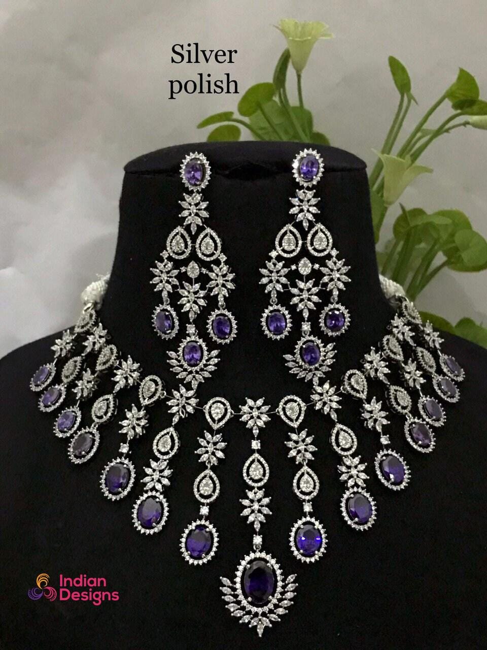 American diamond Bridal necklace set-Silver Plated | Cz Choker necklace for wedding | Unique Design Cubic Zirconia wedding necklace set