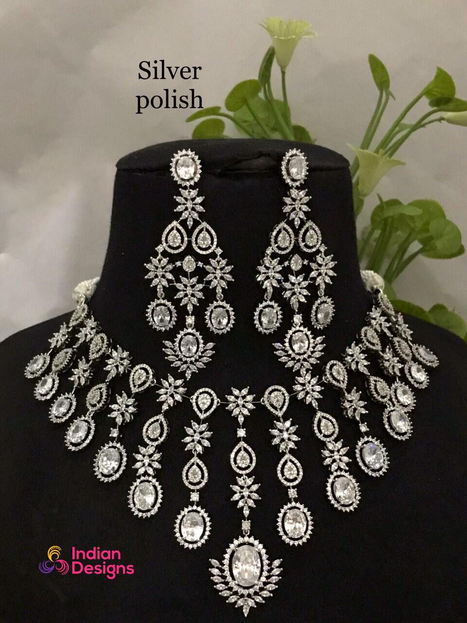 American diamond Bridal necklace set-Silver Plated | Cz Choker necklace for wedding | Unique Design Cubic Zirconia wedding necklace set
