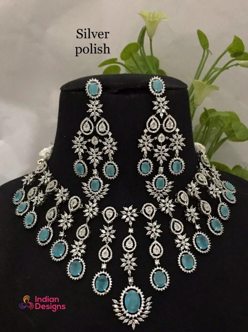 American diamond Bridal necklace set-Silver Plated | Cz Choker necklace for wedding | Unique Design Cubic Zirconia wedding necklace set