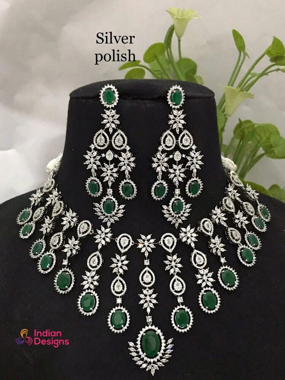 American diamond Bridal necklace set-Silver Plated | Cz Choker necklace for wedding | Unique Design Cubic Zirconia wedding necklace set