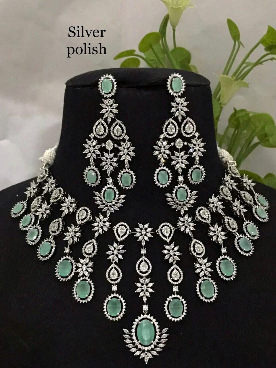 American diamond Bridal necklace set-Silver Plated | Cz Choker necklace for wedding | Unique Design Cubic Zirconia wedding necklace set