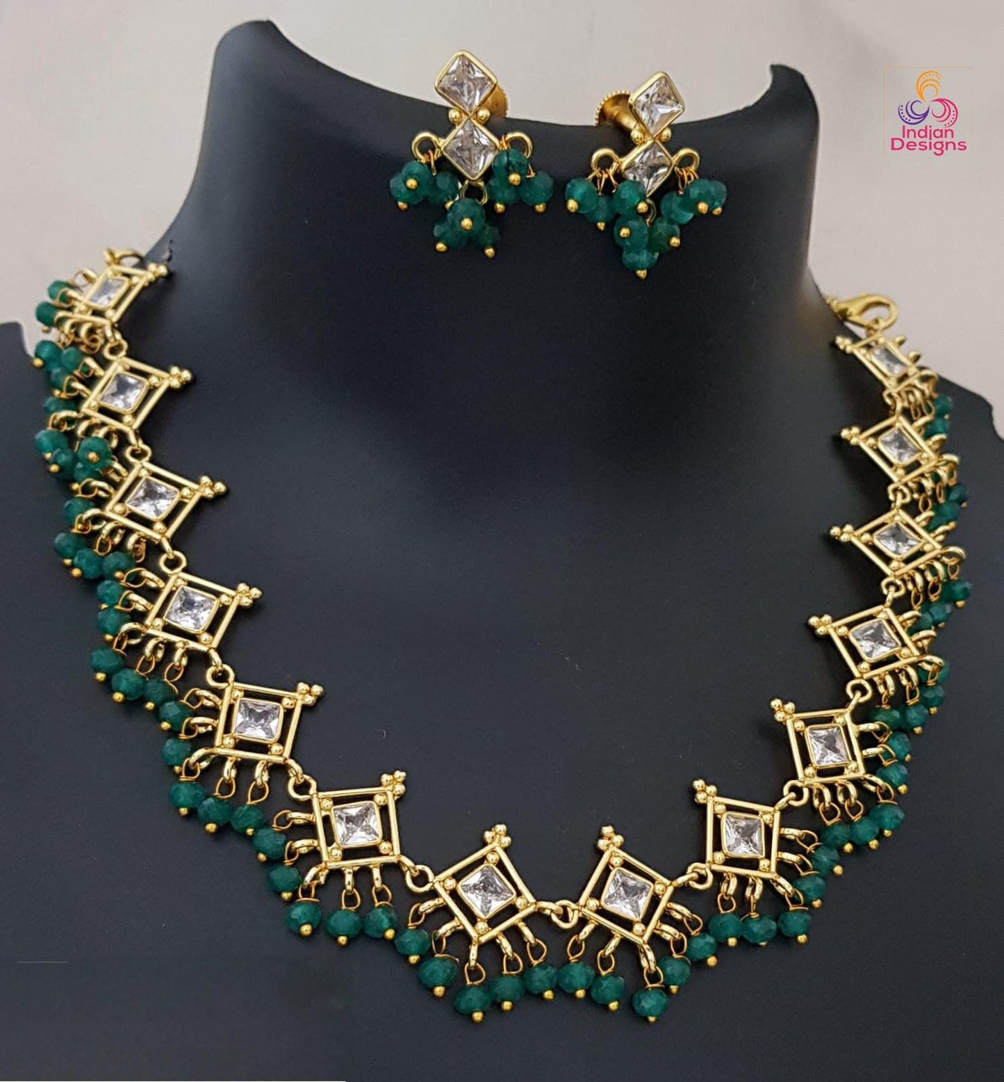 Elegant Green Beads Gold-Tone Crystal Necklace and Earrings Set| American Diamond Statement Necklace|Indian Wedding Jewelry |Gift for her
