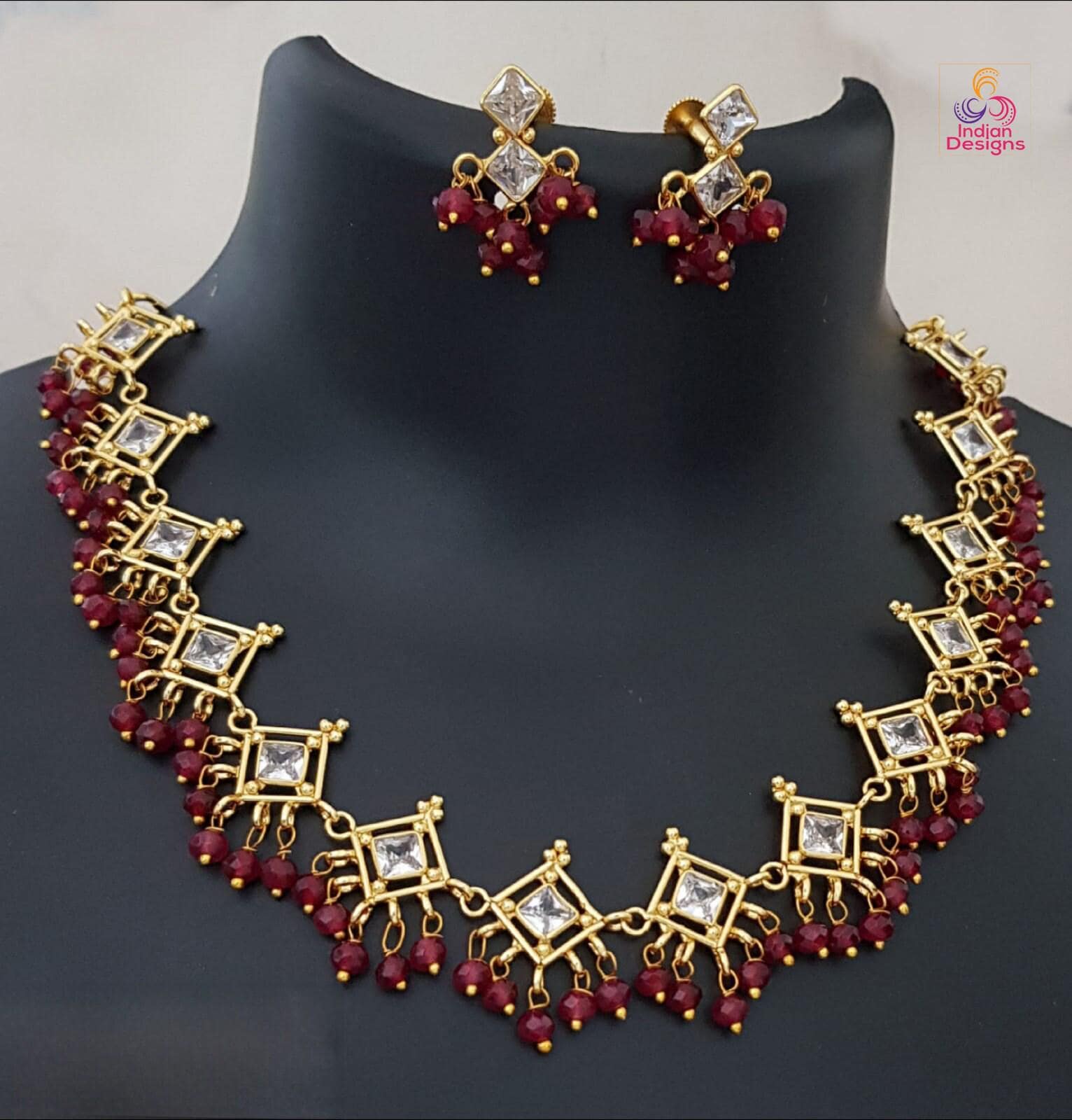 Elegant Green Beads Gold-Tone Crystal Necklace and Earrings Set| American Diamond Statement Necklace|Indian Wedding Jewelry |Gift for her