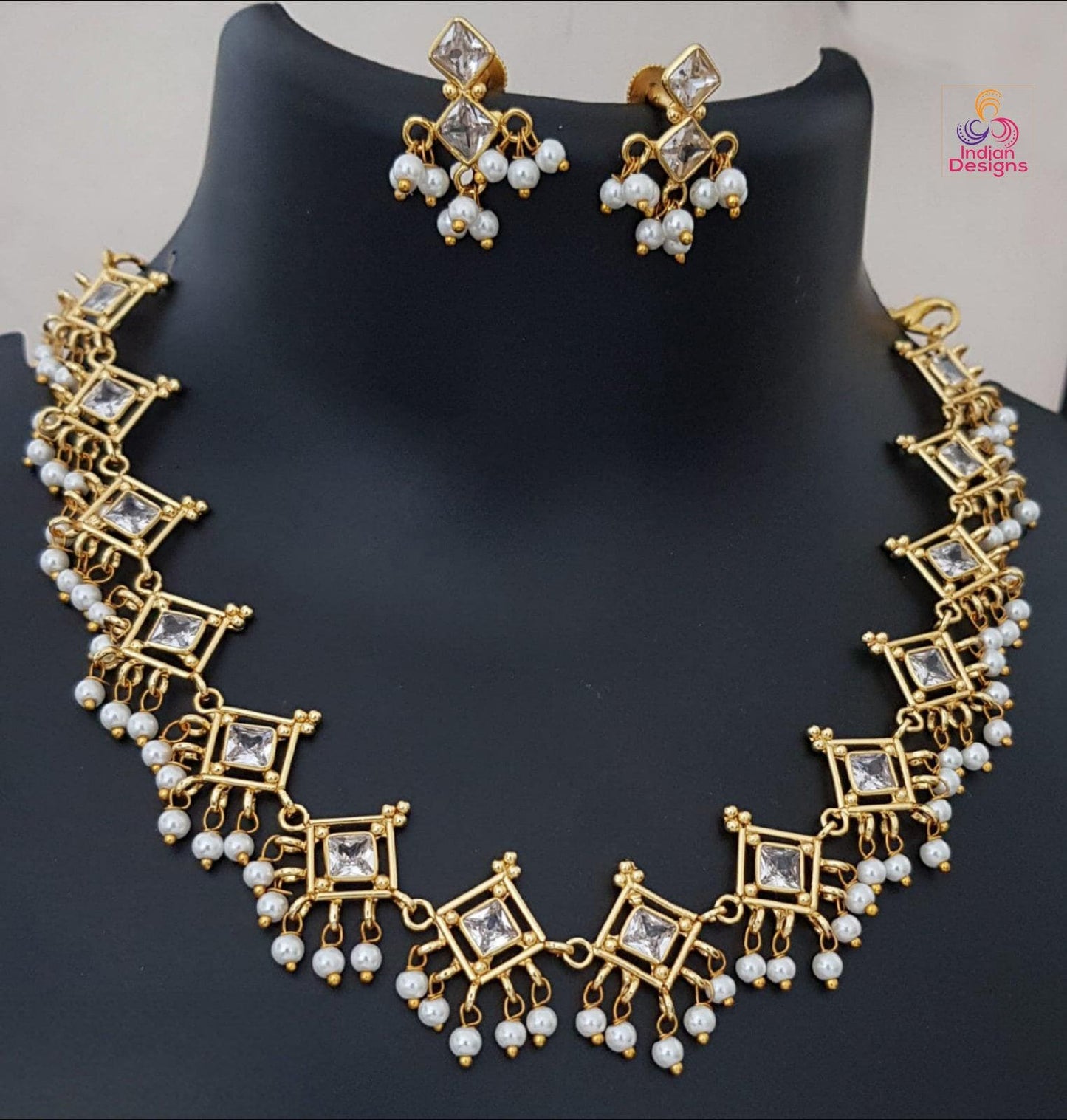 Elegant Green Beads Gold-Tone Crystal Necklace and Earrings Set| American Diamond Statement Necklace|Indian Wedding Jewelry |Gift for her