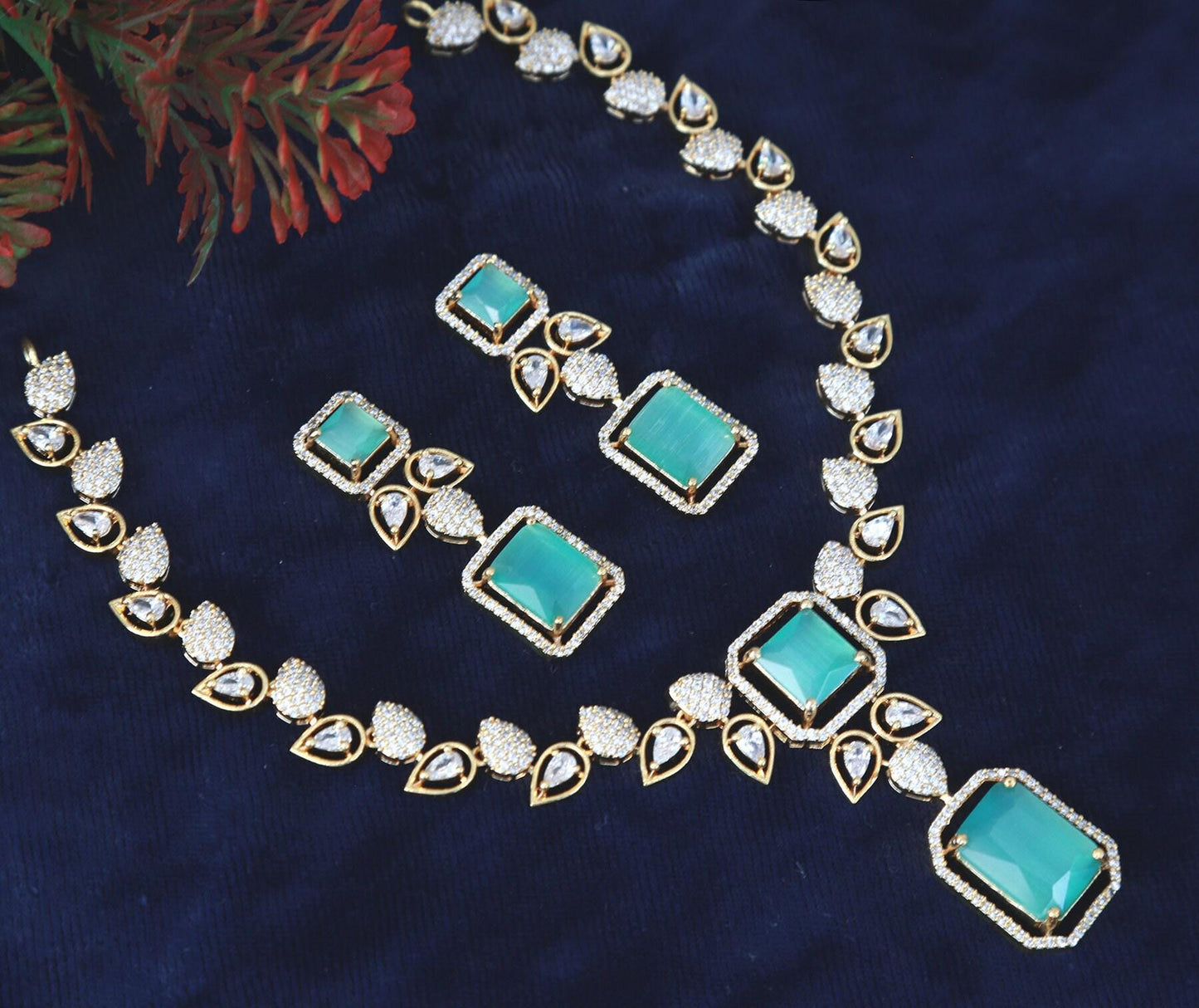 Gold Plated Necklace and Earrings Set with American Diamond Mint Green - Luxurious Teardrop and Square Gemstone Jewelry Set| Gift For Her