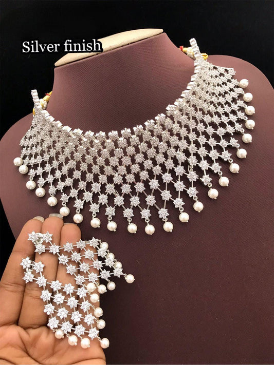 Silver Wedding Choker necklace | American Diamond White Crystal Star Design CZ diamond Bridal necklace Earring set | Bollywood choker set