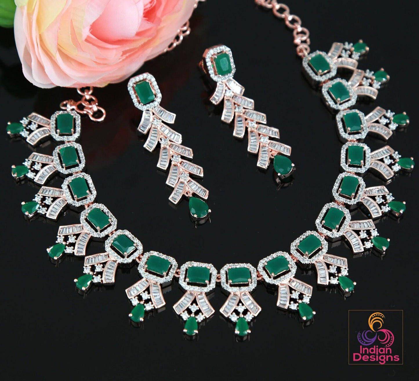 Rose gold American diamond necklace set | Pink CZ diamond necklace set | Emerald cut crystal necklace | Indian Bollywood jewelry Necklace