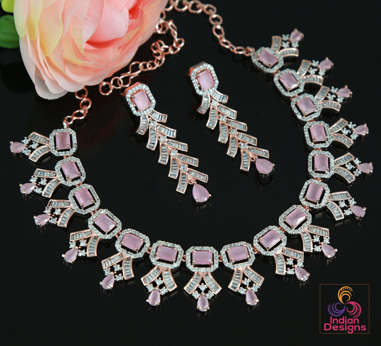 Rose gold American diamond necklace set | Pink CZ diamond necklace set | Emerald cut crystal necklace | Indian Bollywood jewelry Necklace