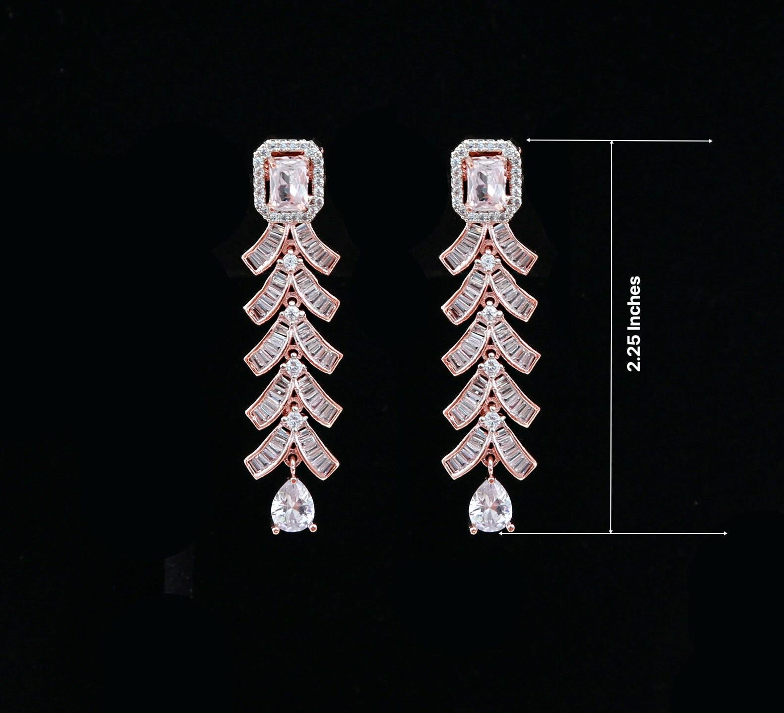 Rose gold American diamond necklace set | Pink CZ diamond necklace set | Emerald cut crystal necklace | Indian Bollywood jewelry Necklace