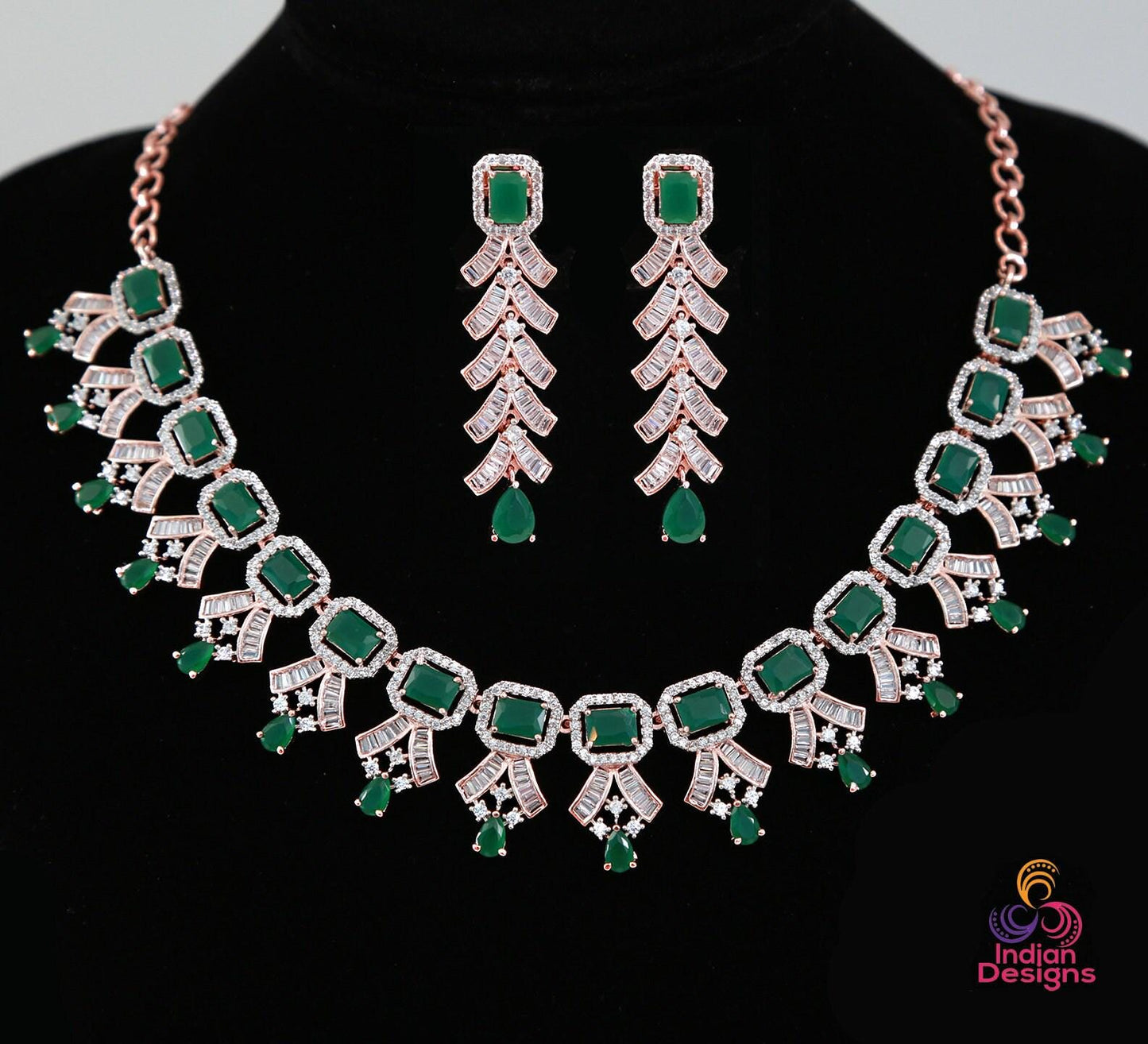 Rose gold American diamond necklace set | Pink CZ diamond necklace set | Emerald cut crystal necklace | Indian Bollywood jewelry Necklace