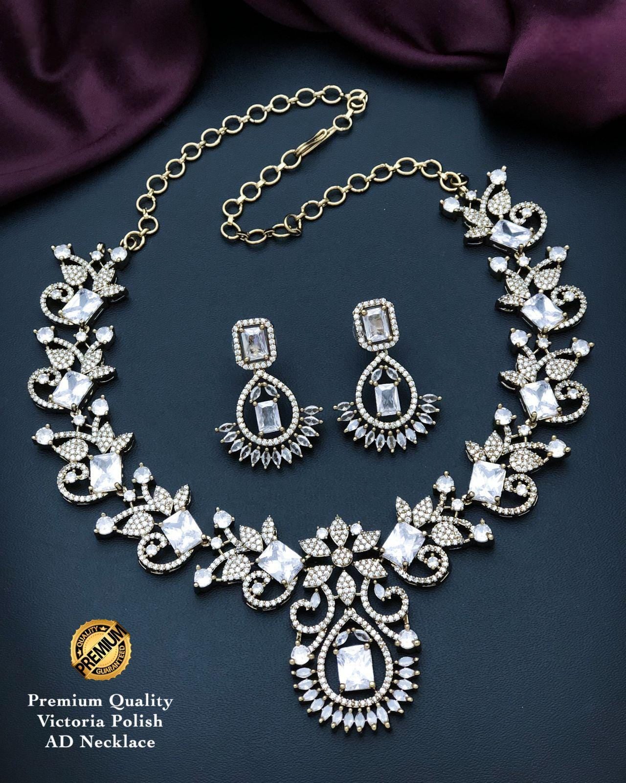 Victorian Polish CZ Diamond Necklace Set with Pink Stones| American Diamond Statement Wedding Necklace with Matching Earrings| Gift For her