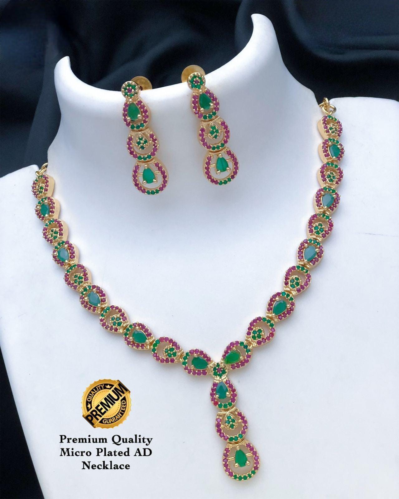 Cute Designer American Diamond Ruby Emerald Necklace earring set|One Gram gold Unique design CZ AD necklace Indian jewelry| Gift for her