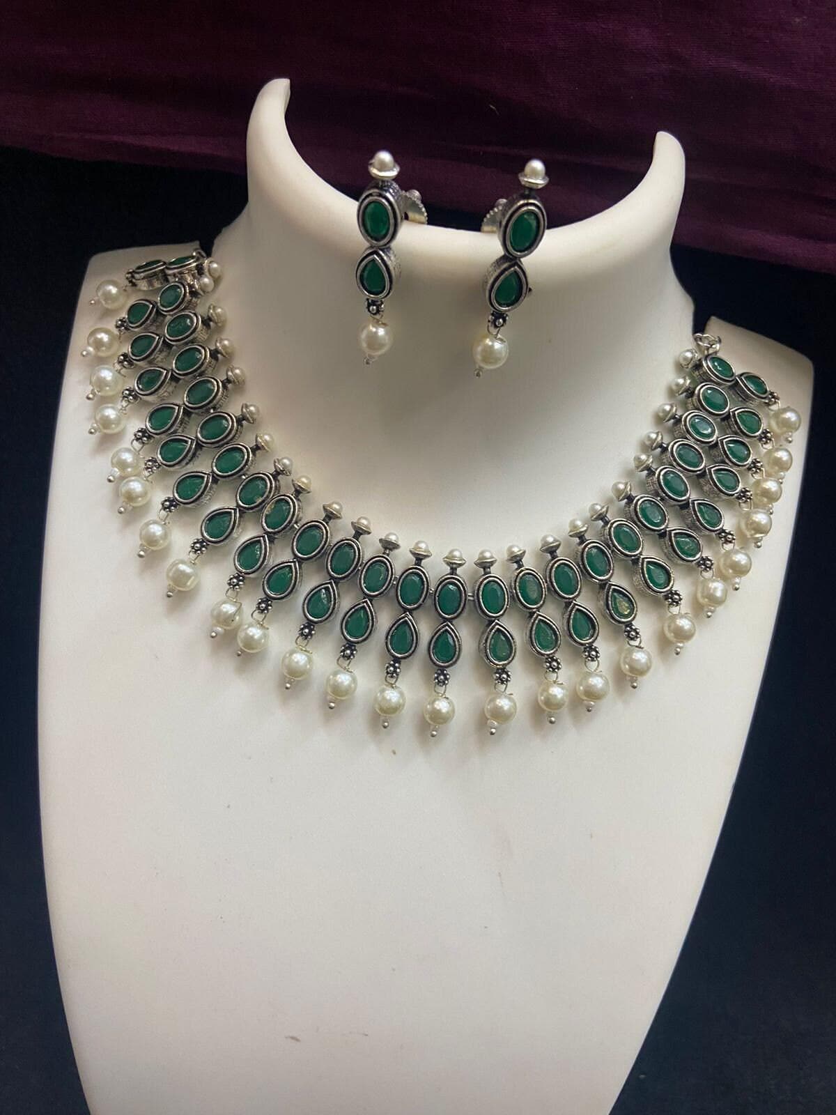 Oxidized German Silver Choker necklace set with stone work | Bollywood style Trend setting Antique silver tone Party wear statement jewelry