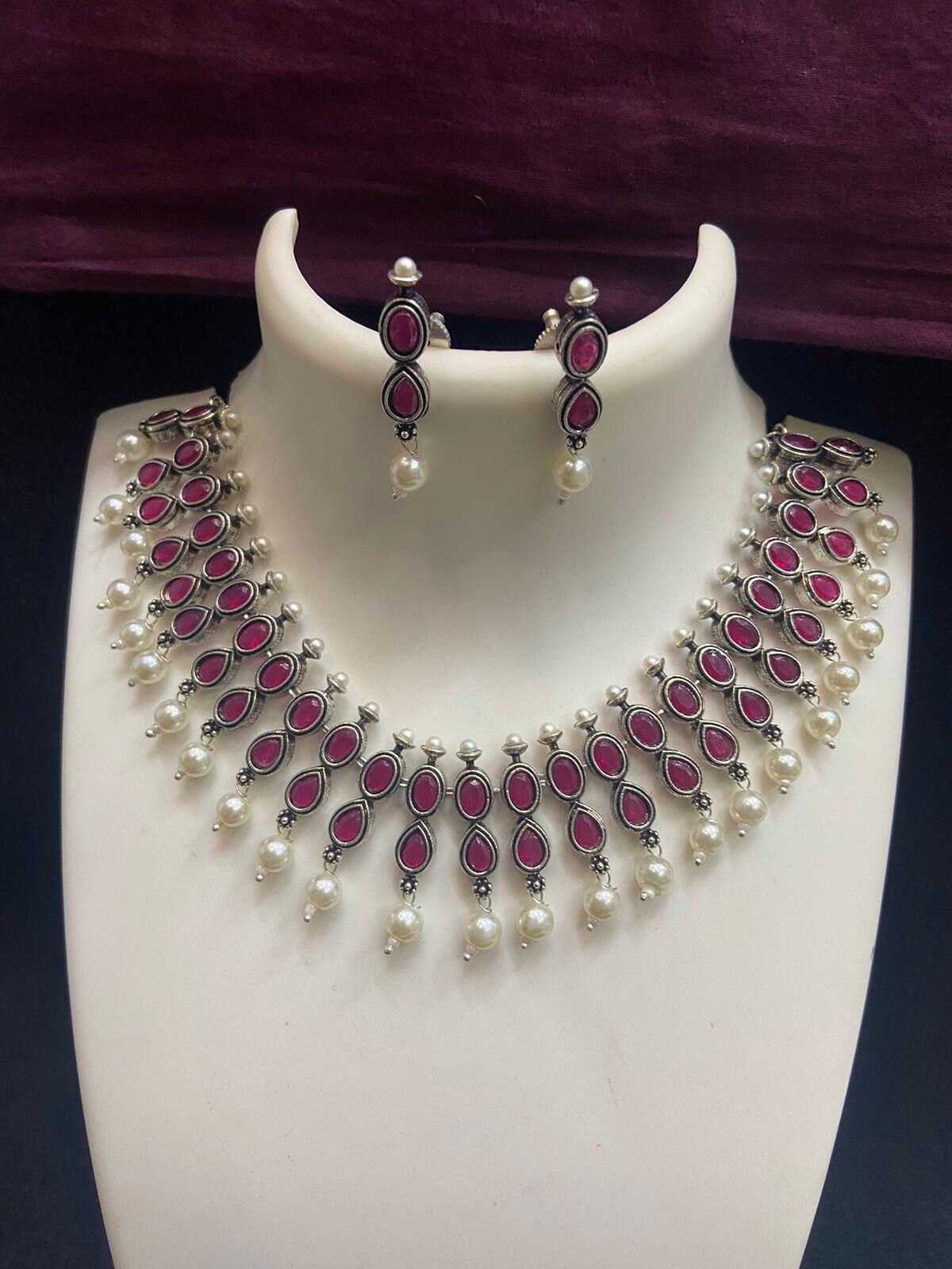 Oxidized German Silver Choker necklace set with stone work | Bollywood style Trend setting Antique silver tone Party wear statement jewelry