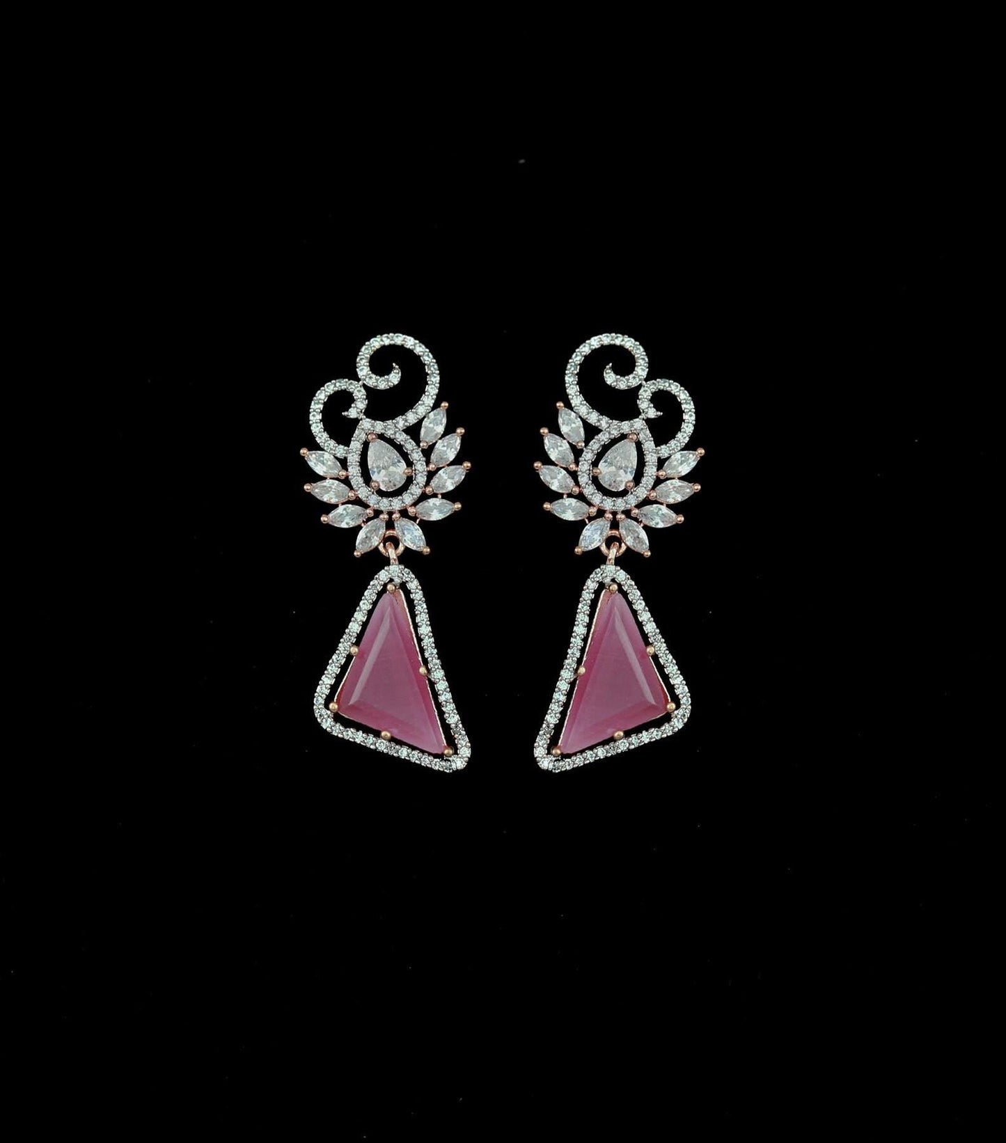 Rose gold triangle dangle earrings/Pink acrylic stone small drop earrings/yellow acrylic earrings/American Diamond Earrings