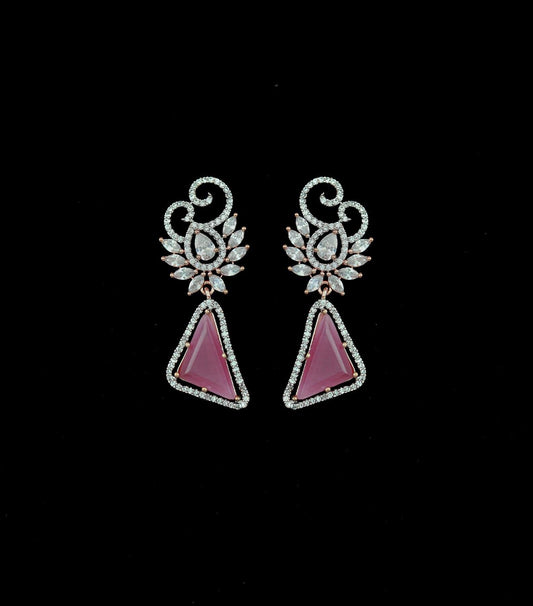Rose gold triangle dangle earrings/Pink acrylic stone small drop earrings/yellow acrylic earrings/American Diamond Earrings